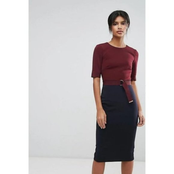 Ted Baker London Burgundy  &  Navy Wandee Ponte Midi Dress Size 0 - Picture 1 of 7